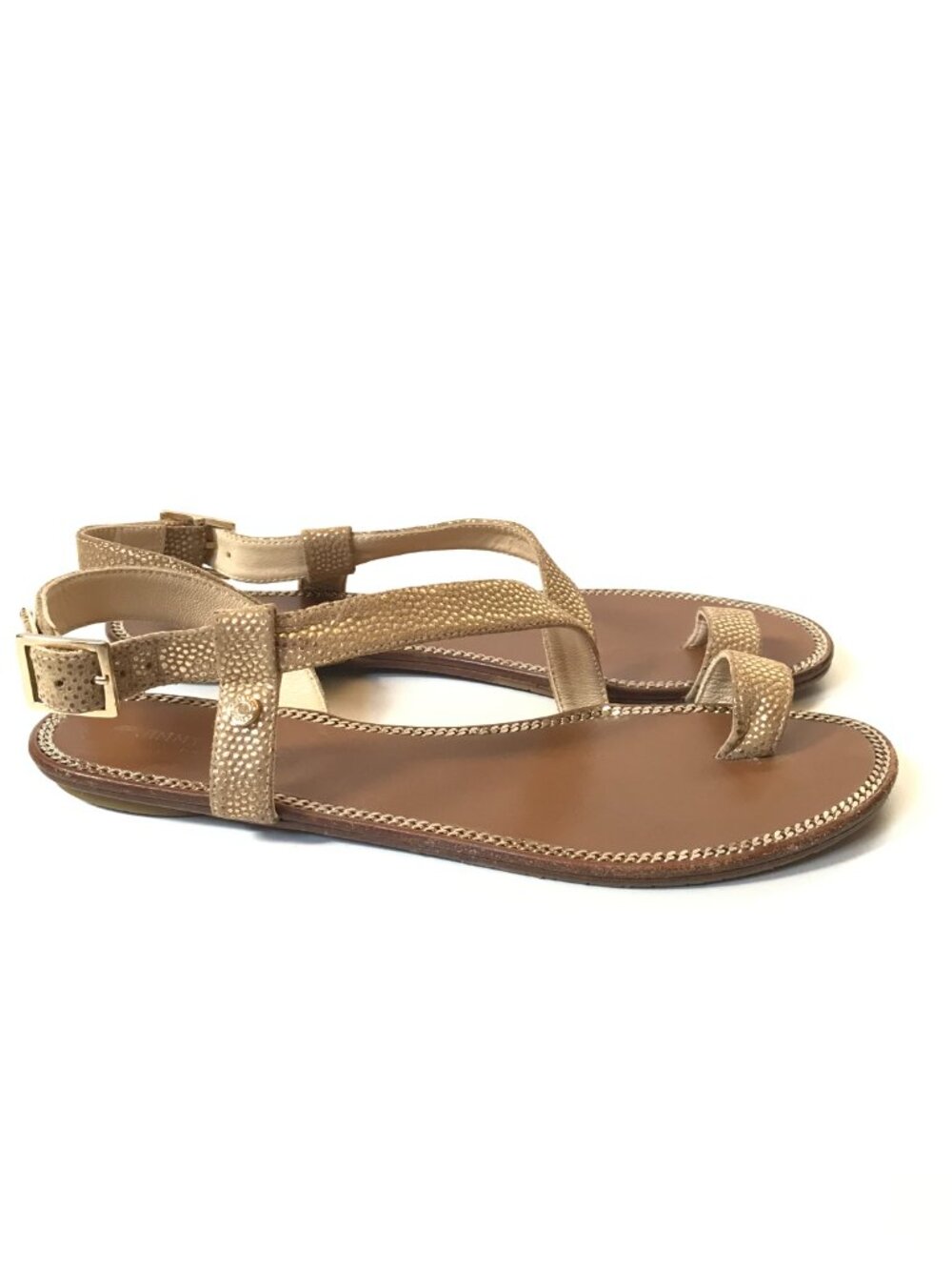 Jimmy Choo Neru Flat Sandals Womens 37 7 Brown Gold Leather Toe Loop Buckle Shoe - Picture 2 of 9